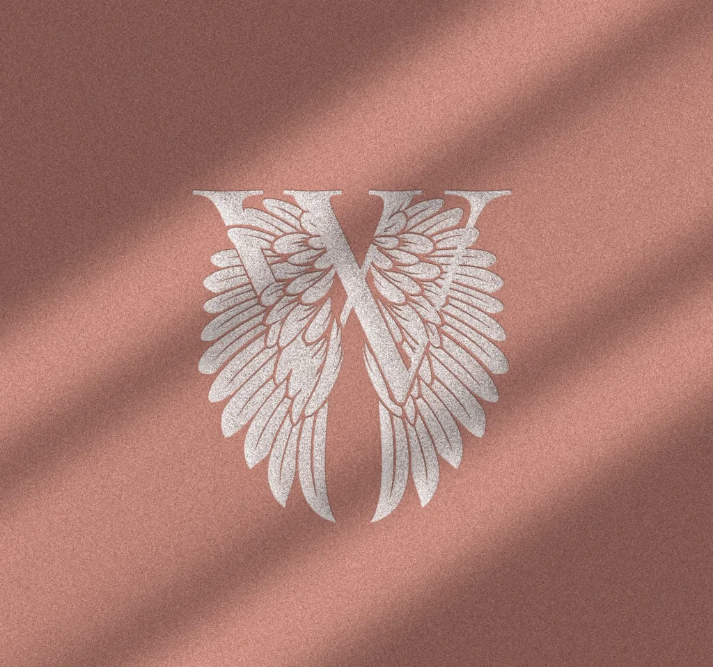 A white angel wings on a pink background.