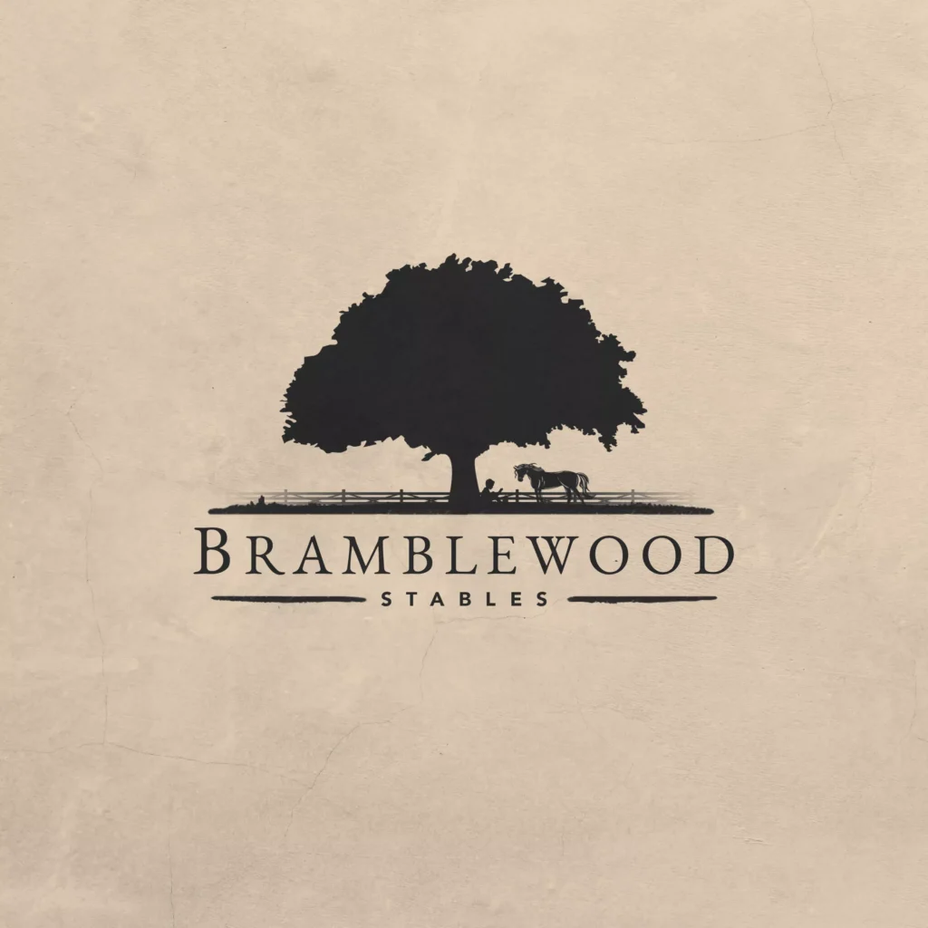 A black and white photo of the bramblewood stables logo.