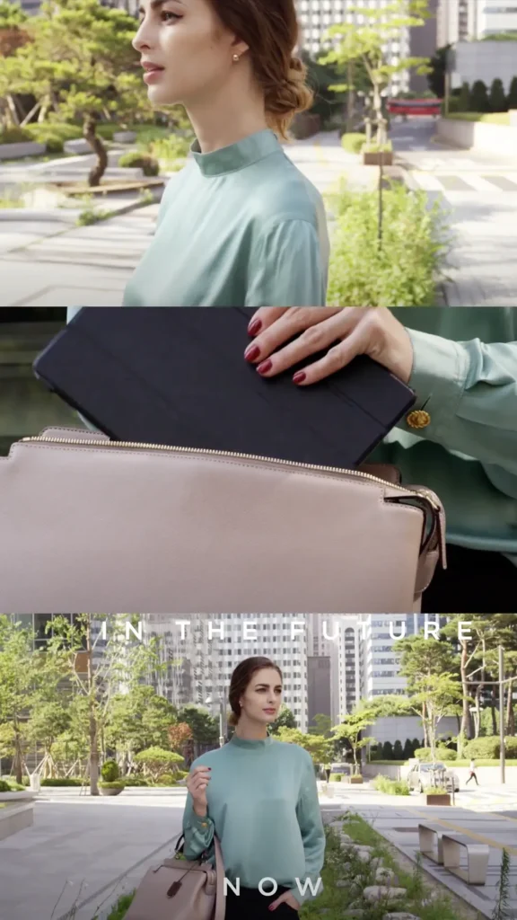 Woman in green blouse using tablet on the go